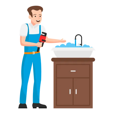 Plumbing technician applying a wrench to install sink faucet and water supply  Illustration