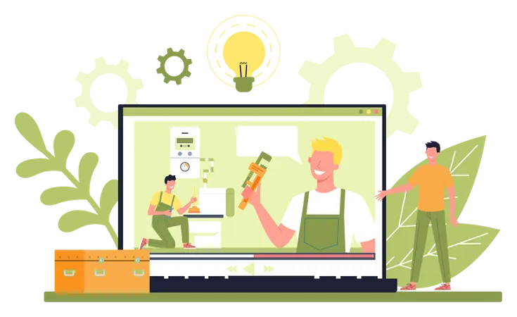 Plumbing Online Service Or Platform Professional Repair And Cleaning Online Video Tutorial Vector Illustration イラスト