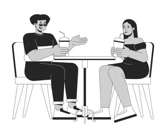 Plump Friends Resting In Cafe Black And White 2 D Line Cartoon Characters Plus Sized Couple Outing Isolated Vector Outline People Diversity And Body Positive Monochromatic Flat Spot Illustration Illustration