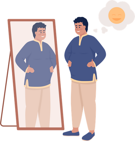 Plump man in Indian clothes near mirror  Illustration