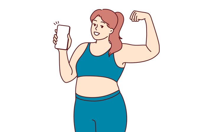 Plump woman in fitness clothes demonstrates biceps and encourages use mobile phone with sports apps  Illustration