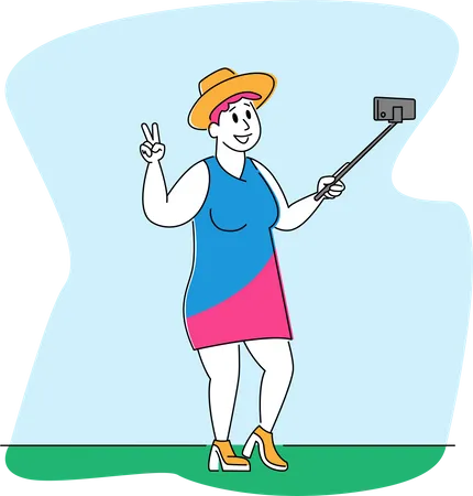 Plus Size Female Character Making Selfie Fatty Woman Shooting Photo Happily Smiling Posing And Gesturing Victory Symbol Outdoors Girl Make Photographing On Smartphone Linear Vector Illustration Illustration