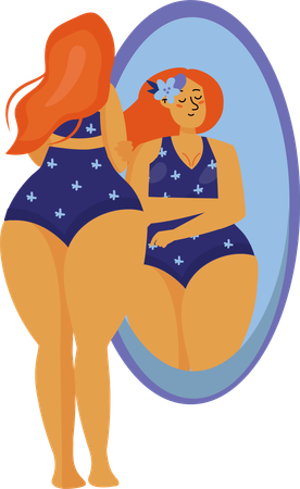 Plus size girl admires herself in mirror  Illustration