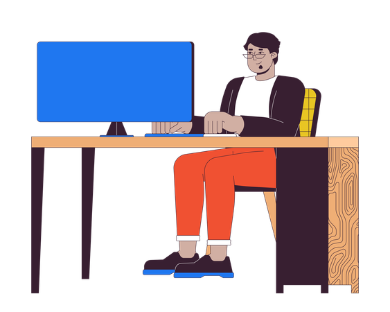 Plus sized arab man at computer  Illustration