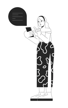 Plus Sized Woman Using Mobile Phone Black And White 2 D Line Cartoon Character Curvy Female Sending Message In Chat Isolated Vector Outline Person Body Positive Monochromatic Flat Spot Illustration Illustration
