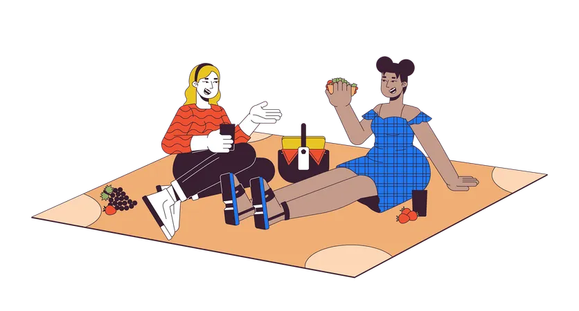 Plus Sized Diverse Women Having Picnic 2 D Linear Cartoon Characters Obese Friends Eating Outdoors Isolated Line Vector People White Background Body Positive Color Flat Spot Illustration Illustration