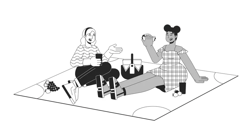 Plus Sized Diverse Women Having Picnic Black And White 2 D Line Cartoon Characters Obese Friends Eating Outdoors Isolated Vector Outline People Body Positive Monochromatic Flat Spot Illustration Illustration