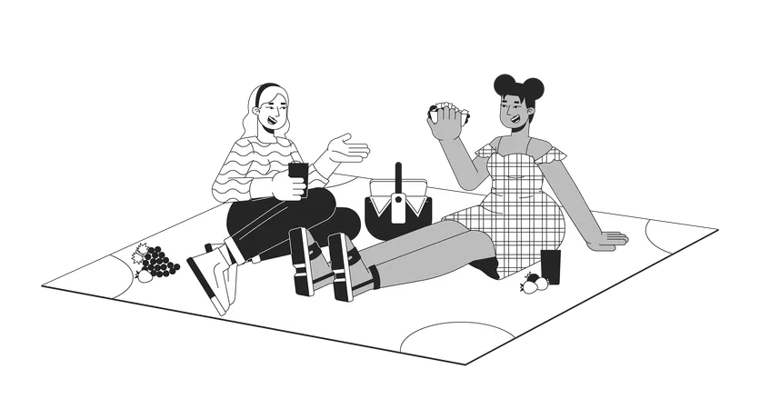 Plus sized diverse women having picnic  Illustration