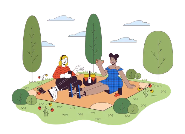 Plus Sized Multiracial Women On Picnic Line Cartoon Flat Illustration Happy Female Friends Enjoying Food Outdoors 2 D Lineart Characters Isolated On White Background Leisure Scene Vector Color Image Illustration