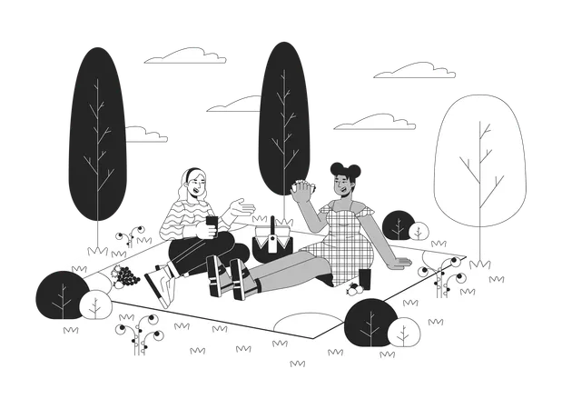 Plus Sized Multiracial Women On Picnic Black And White Cartoon Flat Illustration Happy Female Friends Enjoying Food Outdoors 2 D Lineart Characters Isolated Leisure Monochrome Scene Vector Outline Image Illustration