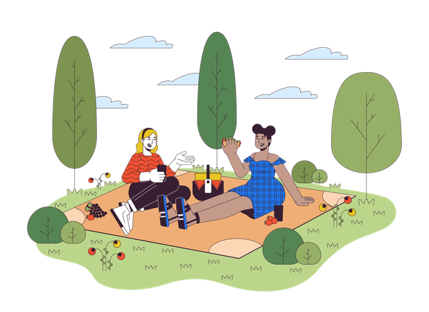 Plus sized multiracial women on picnic  Illustration