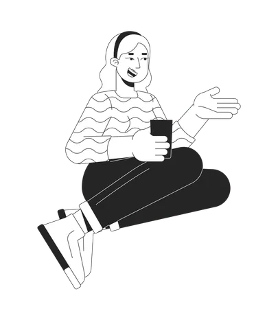 Plus Sized Woman With Drink Talking Black And White 2 D Line Cartoon Character Curvy European Female Sitting Isolated Vector Outline Person Healthy Body Positive Monochromatic Flat Spot Illustration Illustration
