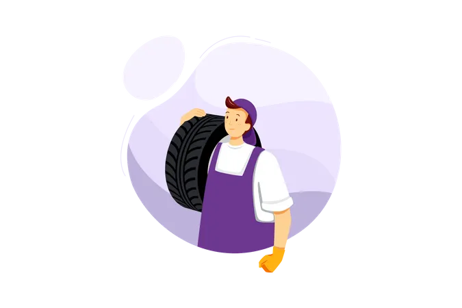 Reparador de automóveis segurando pneu  Ilustração
