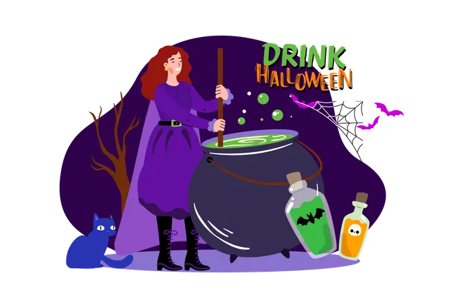 Bruxa fazendo poção de Halloween  Ilustração
