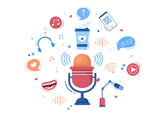 Podcast Background Vector Illustration People Using Headset To Record Audio Host Interviewing Guest Or Online Show With Sound Recording Equipment And Microphone Concept Illustration