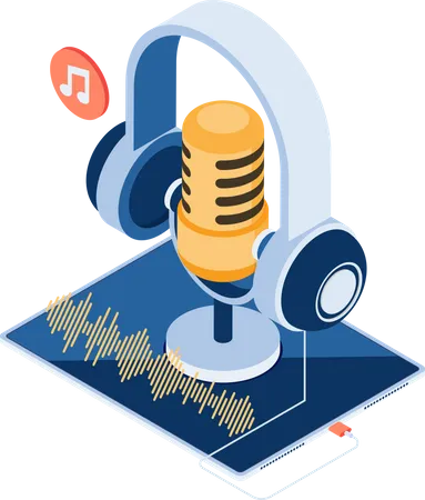Flat 3 D Isometric Microphone And Headphone On Digital Tablet Podcast Concept Illustration