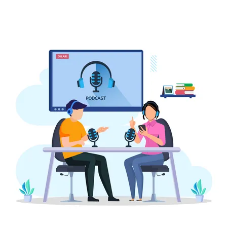 Podcast Audio Radio Concept Vector Illustration Flat People Character With Microphone イラスト