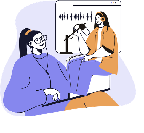 Mujer graba podcast en vivo de la actriz  Ilustración