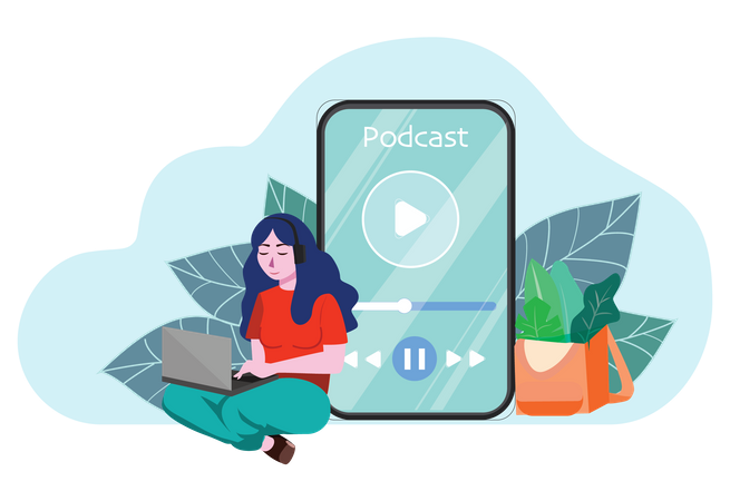 Podcast de escuta feminina no celular  Ilustração