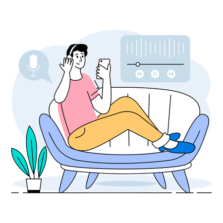 Podcast listener relaxing on couch while enjoying her favorite web series  Illustration