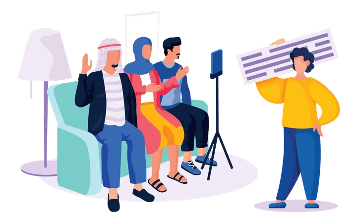 Group Of People Records Video And Speaks Into Microphone Near Woman With Text Table Girl In A Yellow Sweater Sits On A Chair Shoots Video And Text From Laptop On A Camera Vector Illustration Illustration