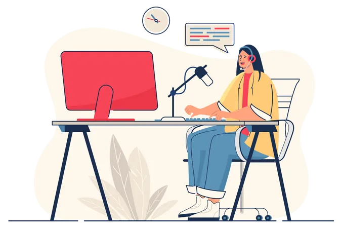 Podcast Streaming Concept For Web Banner Woman With Headphones Speaks Into Microphone And Broadcasts Live Modern Person Scene Vector Illustration In Flat Cartoon Design With People Characters イラスト