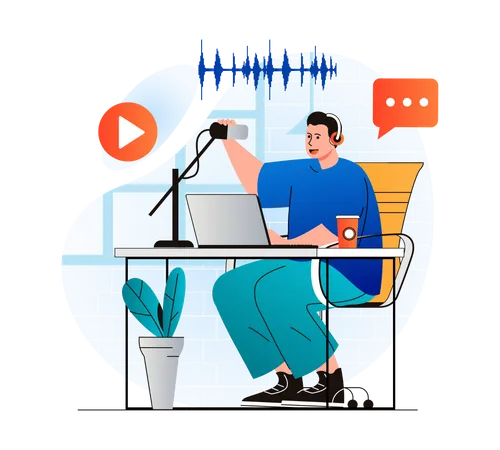 Podcast Streaming Concept In Modern Flat Design Man Talking In Microphone At Live Radio Show At Studio Blogger In Live Broadcasting And Communicates With Listeners Using Laptop Vector Illustration Illustration