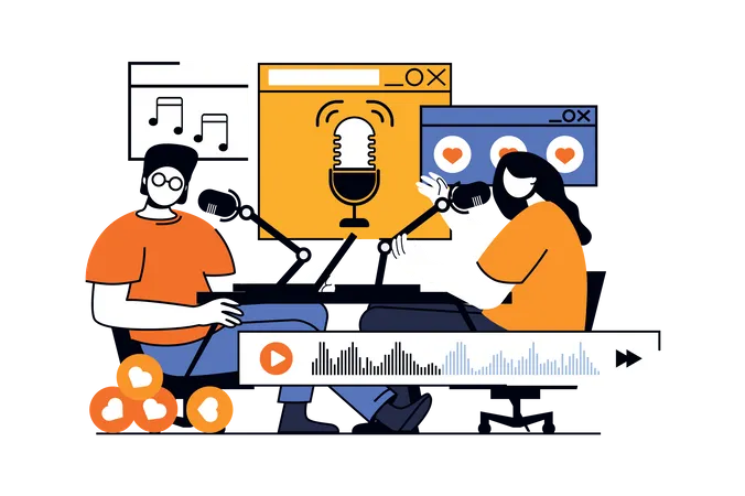 Podcast Streaming Concept With People Scene In Flat Design For Web Journalist And Host Broadcasting In And Live Discussing At Studio Vector Illustration For Social Media Banner Marketing Material Illustration