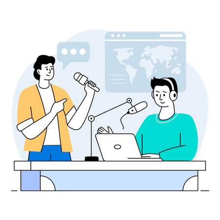 Podcaster conducting microphone sound check: "Testing, one, two, three,"  Illustration