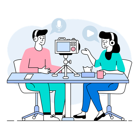 Podcaster editing and refining raw footage into finalized episodes  Illustration