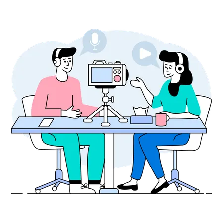 Podcaster editing and refining raw footage into finalized episodes  Illustration