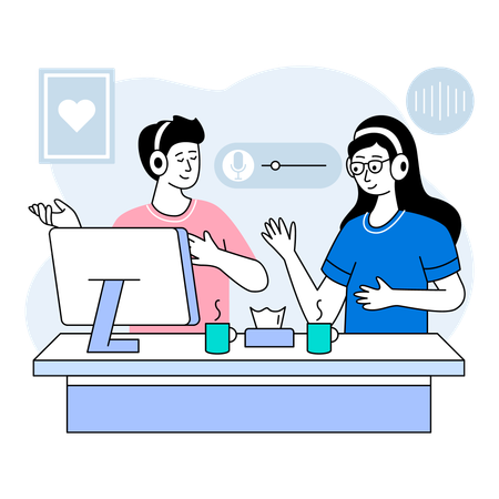 Podcaster que plantea preguntas perspicaces para generar conversaciones interesantes con los invitados en una serie de podcasts semanales  Ilustración