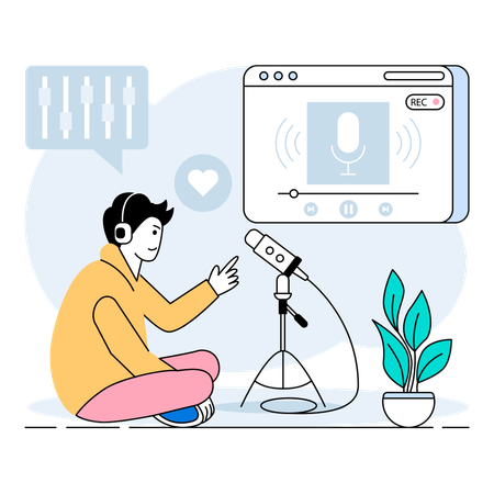 Podcaster seated on floor speaking into microphone  Illustration
