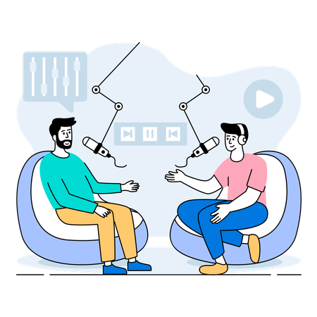 マイクを持ち、ビーンバッグに座って番組を司会するポッドキャスターたち  イラスト