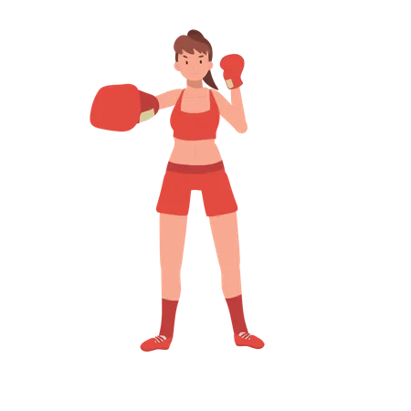 Poderosa boxeadora feminina em sessão de treino de ginástica  Ilustração