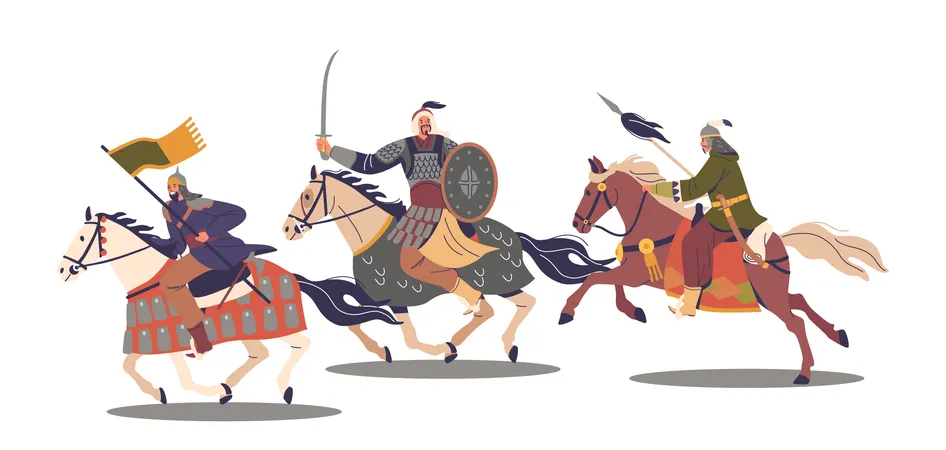 Poderosa carga de personajes guerreros mongoles asiáticos armados a caballo  Ilustración