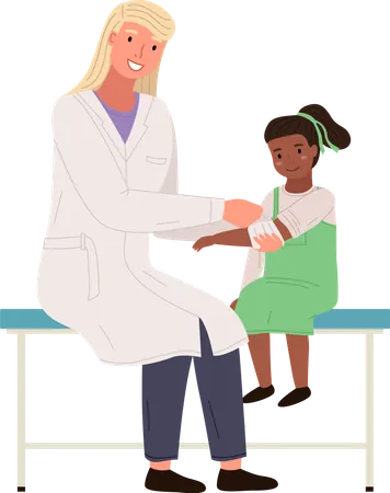 A Podiatrist Uses A Bandage To Help A Girl Patient With A Sore Arm At Appointment With Doctor Orthopedist Treats Small Child Isolated On White Background Children S Doctor Works With A Patient Illustration