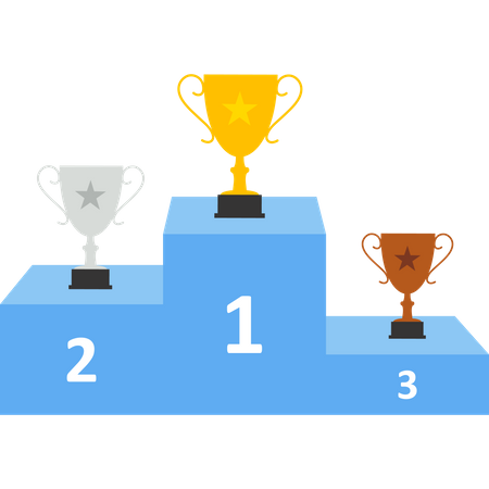 Podio ganador con trofeo.  Ilustración