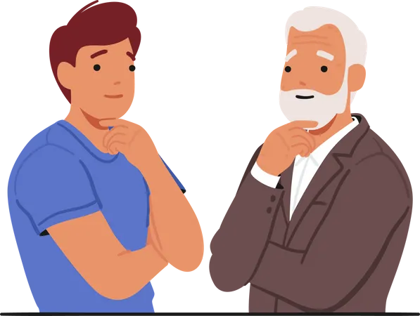 Poignant Moment Where A Young And Old Man Characters Stand Face To Face Deep In Thought Touching Their Chins Symbolizing Contemplation And Wisdom Cartoon People Vector Illustration Illustration