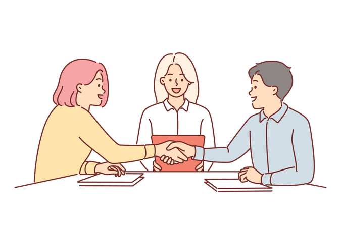 Poignée de main de partenaires commerciaux assis à la table de négociation  Illustration