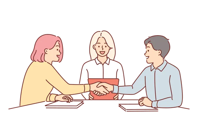 Poignée de main de partenaires commerciaux assis à la table de négociation  Illustration