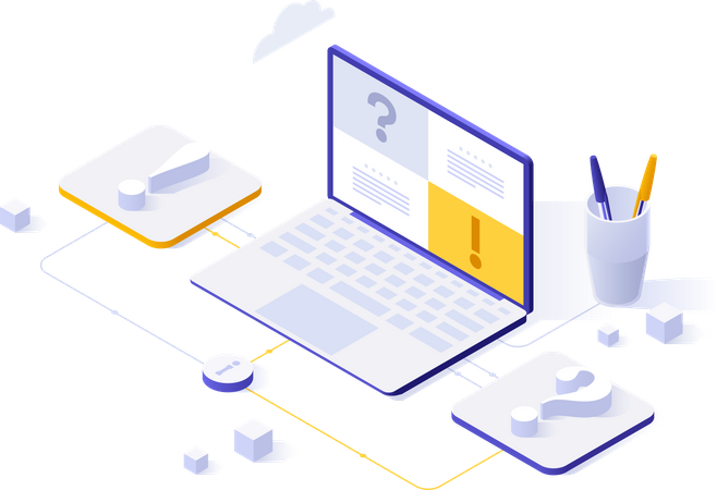 Point d'exclamation et point d'interrogation connectés à un ordinateur portable Illustration