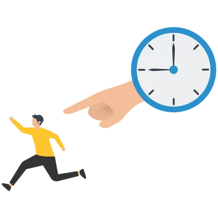 Pointing tried businessman running away from clock down  Illustration