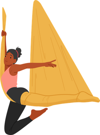 Poised Woman Character Gracefully Performs Aerial Yoga  Illustration