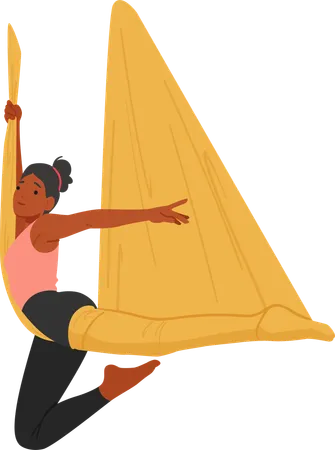 Poised Woman Character Gracefully Performs Aerial Yoga  Illustration