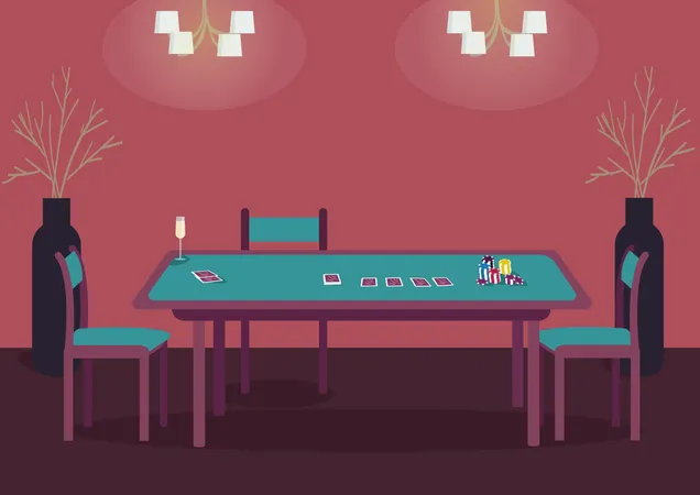 Poker Green Table Flat Color Vector Illustration Desk With Deck Of Cards To Play Blackjack Empty Seats For Three Gamblers Casino Room 2 D Cartoon Interior With Red Wall On Background Illustration