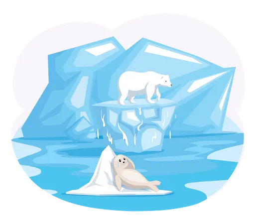 Polar animals in pain due to melting ice Illustration