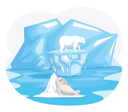 Polar animals in pain due to melting ice  Illustration