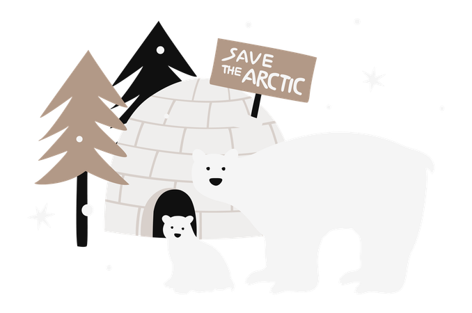 Polar Bear and Baby Near Igloo at Night  Illustration