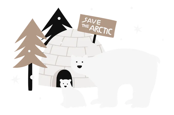 Polar Bear and Baby Near Igloo at Night  Illustration